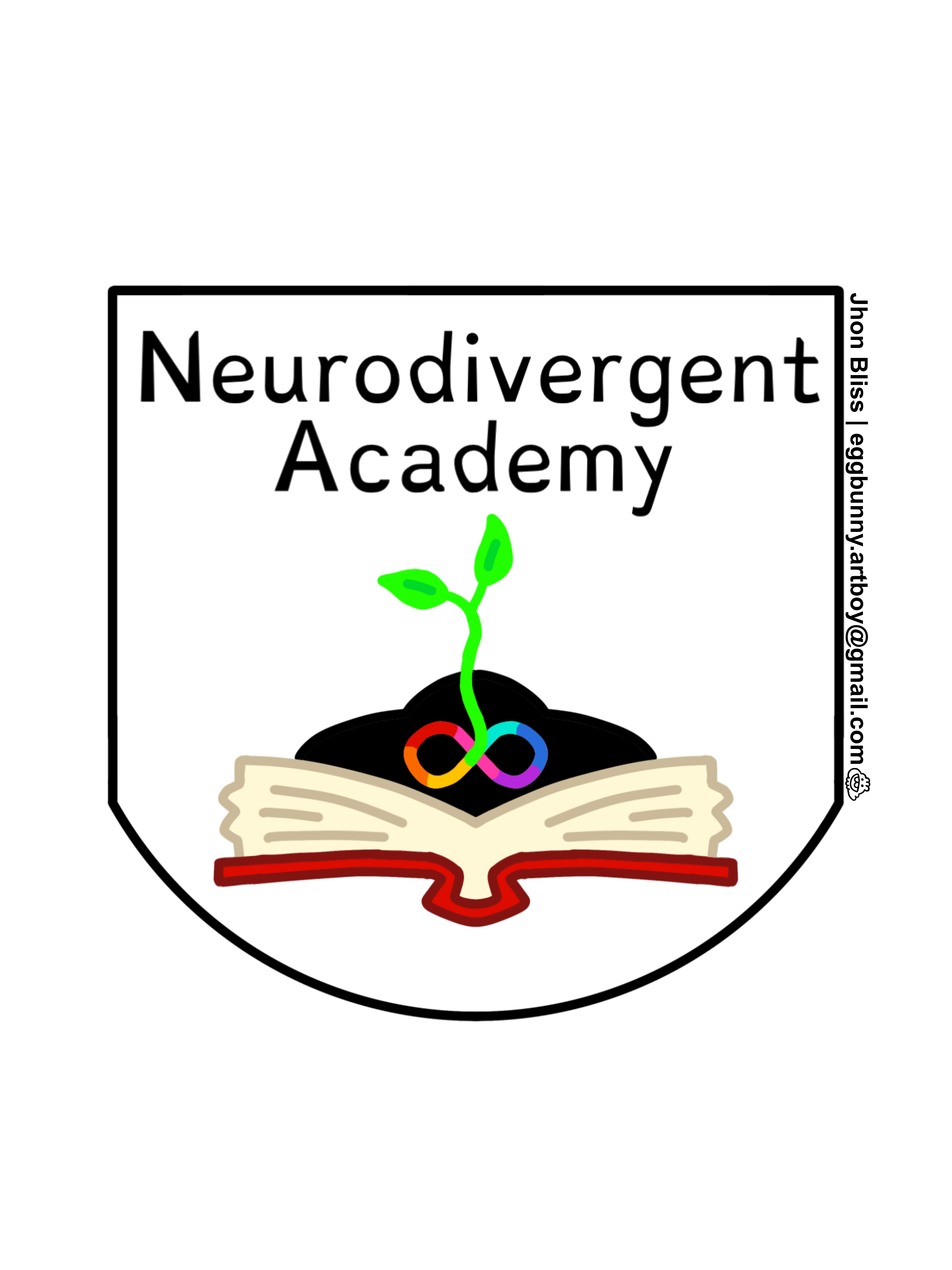 A pocket shaped image with a white background. Text at the top reads “Neurodivergent Academy.” Below, a green plant grows from the neurodiversity symbol (A rainbow infinity sign) planted on an open book with a dark red cover