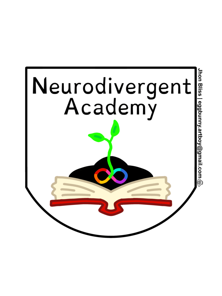 A pocket shaped image with a white background. Text at the top reads “Neurodivergent Academy.” Below, a green plant grows from the neurodiversity symbol (A rainbow infinity sign) planted on an open book with a dark red cover